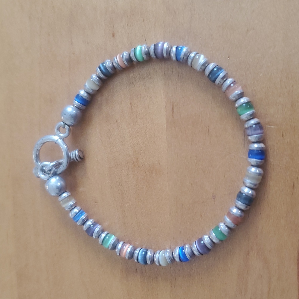 Vintage Multi Gemstone Cubes Sterling Silver Toggle Thin Bracelet 7 "
